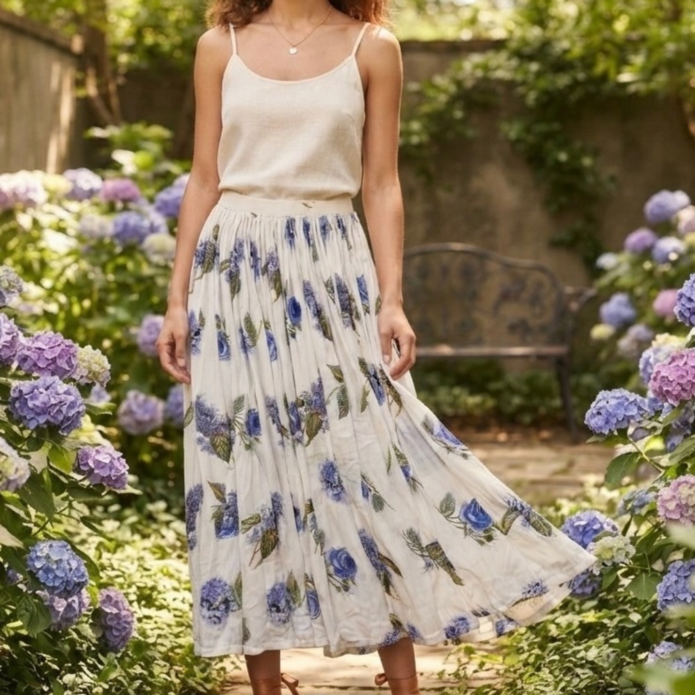 VTG Styleworks 90s Cottagecore Blue Floral Feminine Broomstick Skirt Size M Maxi
